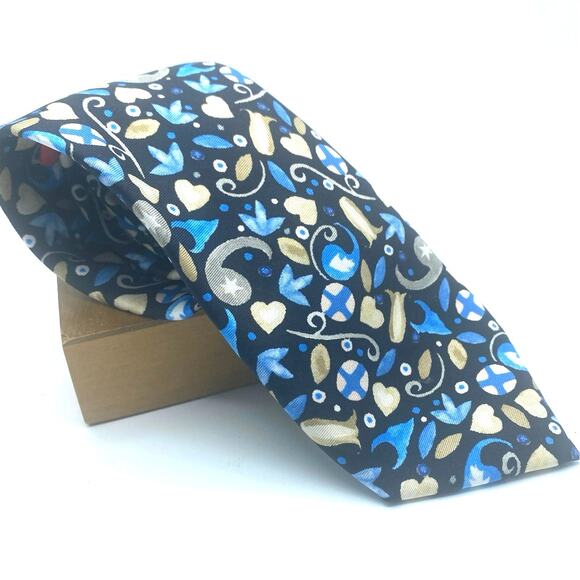 Christian Lacroix 100% silk Tie  Navy Blue Tan, light blue flowers abstract lady - Picture 2 of 8